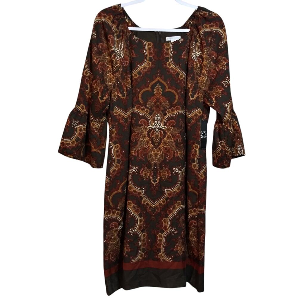 New York & Company Vintage Paisley Dress 3/4 Bell Sleeves Retro Size L